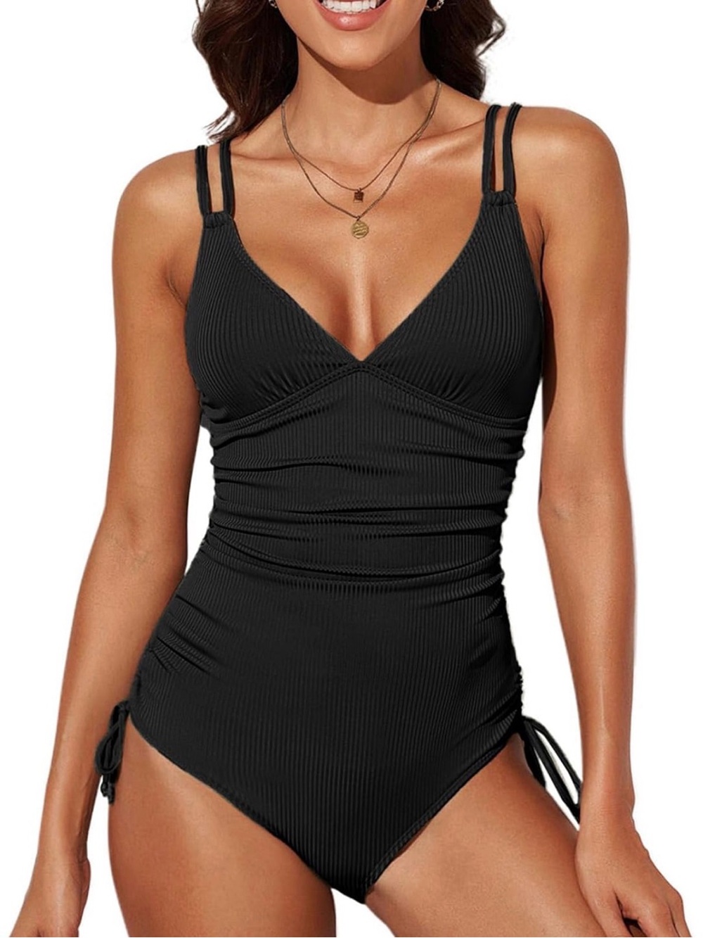 Black Ribbed One Piece Swimsuit Large Tummy Control Ruched Cutout Back L Summer